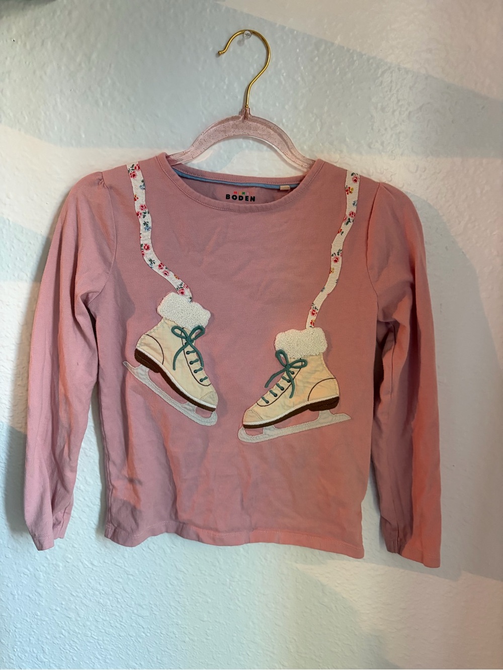 Mini Boden Pink Long-Sleeve Top with Ice Skate Appliqués